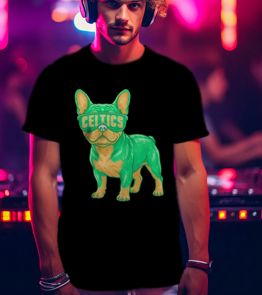 Boston Celtics French Bulldog Wearing Celtics Glasses T-Shirt