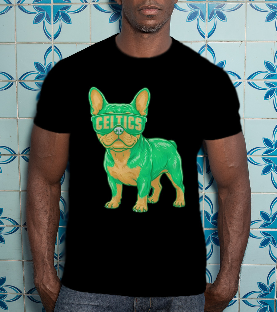Boston Celtics French Bulldog Wearing Celtics Glasses T-Shirt