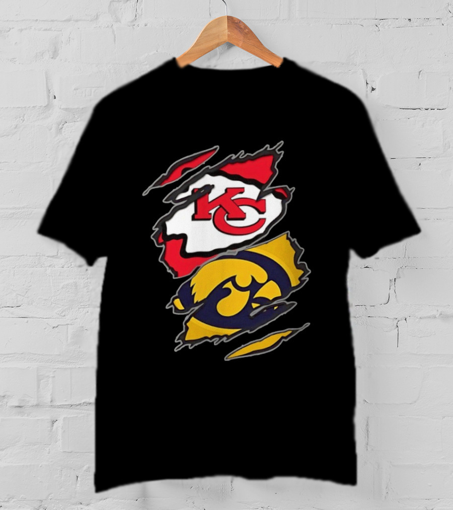 Kansas City Chiefs And Iowa Hawkeyes Two Teams One Heart Scratch KC Logo Iowa T-Shirt