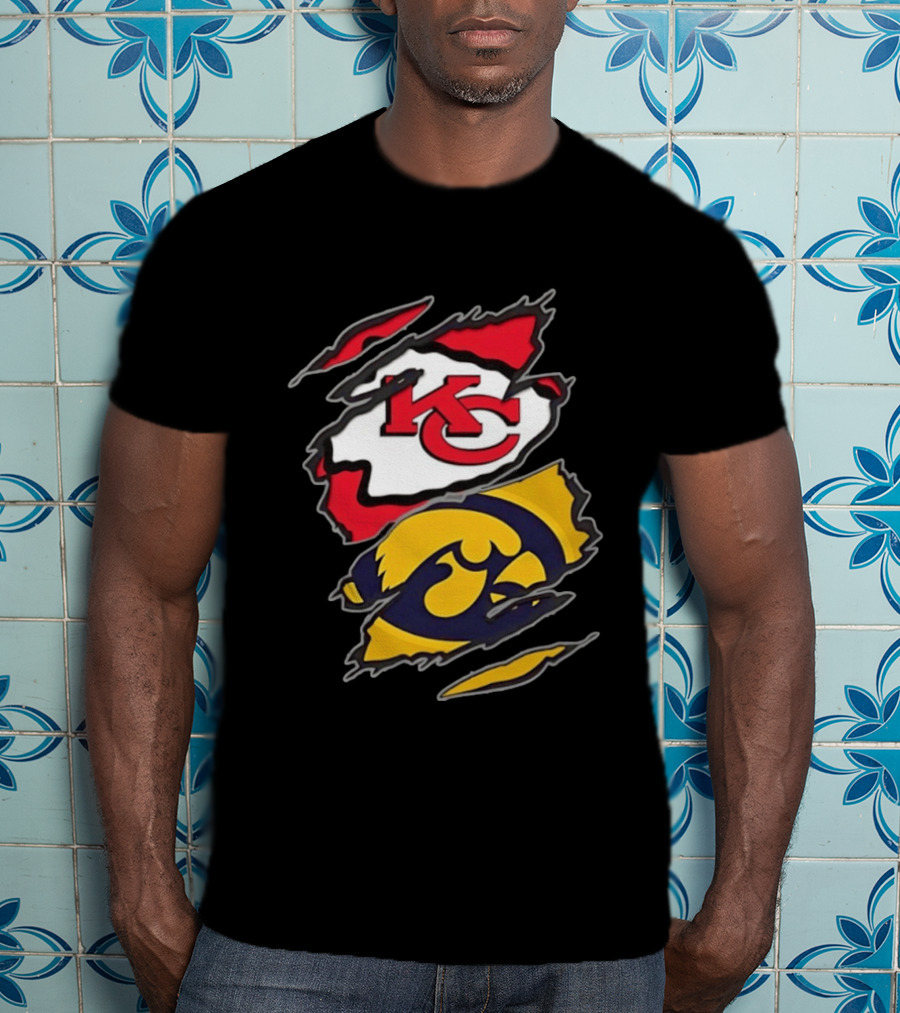 Kansas City Chiefs And Iowa Hawkeyes Two Teams One Heart Scratch KC Logo Iowa T-Shirt