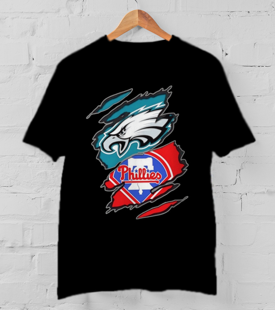 Philadelphia Eagles And Philadelphia Phillies Two Teams One Heart Scratch Logo Fusion T-Shirt