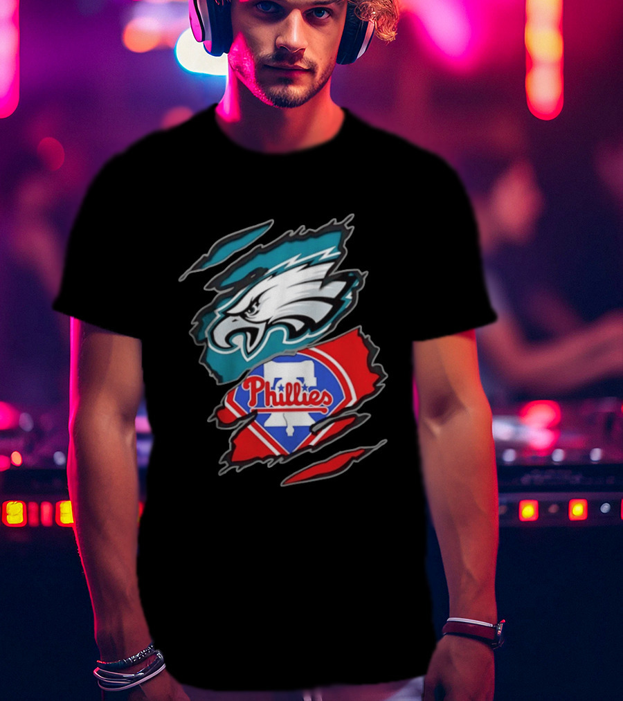 Philadelphia Eagles And Philadelphia Phillies Two Teams One Heart Scratch Logo Fusion T-Shirt