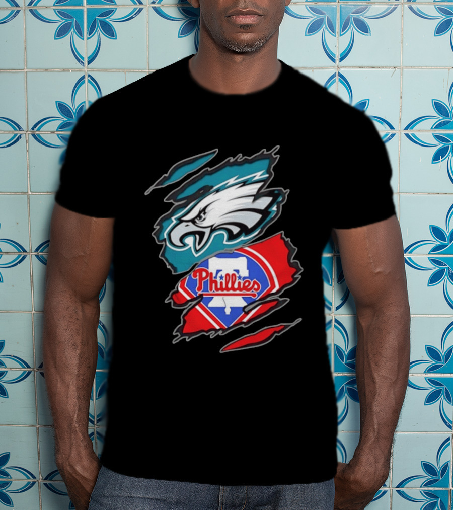 Philadelphia Eagles And Philadelphia Phillies Two Teams One Heart Scratch Logo Fusion T-Shirt