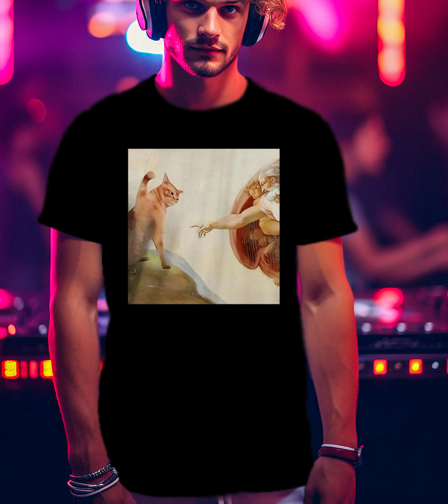 Floppa Meets Creation In Iconic God Touching Fingers Scene T-Shirt