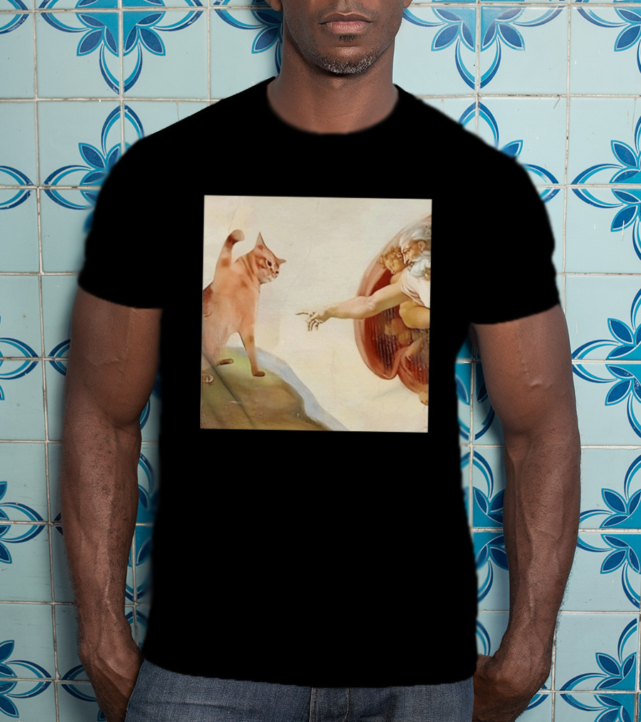 Floppa Meets Creation In Iconic God Touching Fingers Scene T-Shirt
