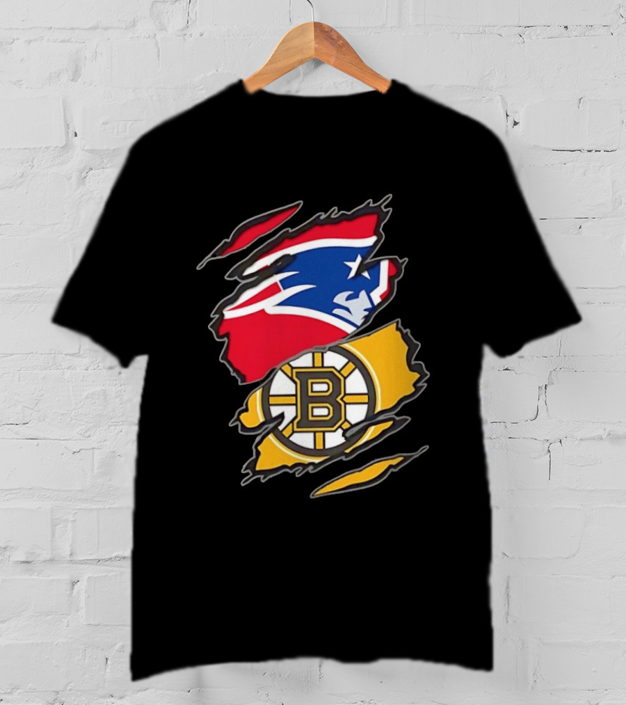 New England Patriots Boston Bruins Two Teams One Heart Scratch NFL NHL Fan T-Shirt
