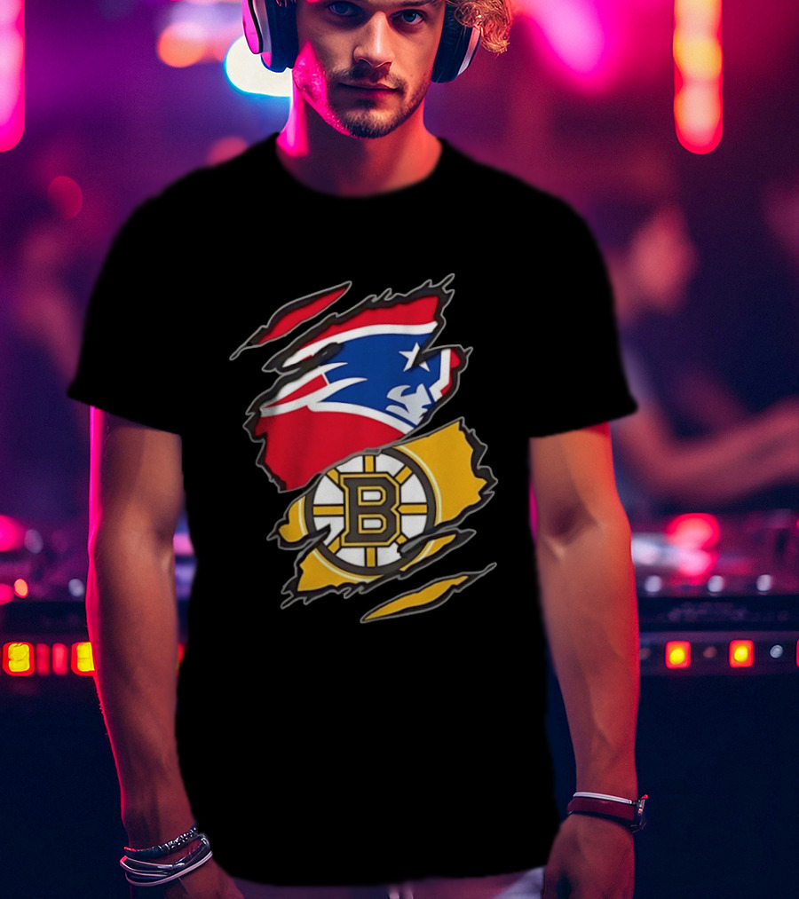 New England Patriots Boston Bruins Two Teams One Heart Scratch NFL NHL Fan T-Shirt