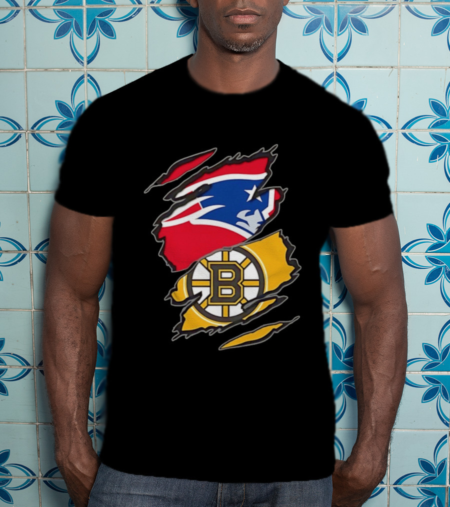 New England Patriots Boston Bruins Two Teams One Heart Scratch NFL NHL Fan T-Shirt