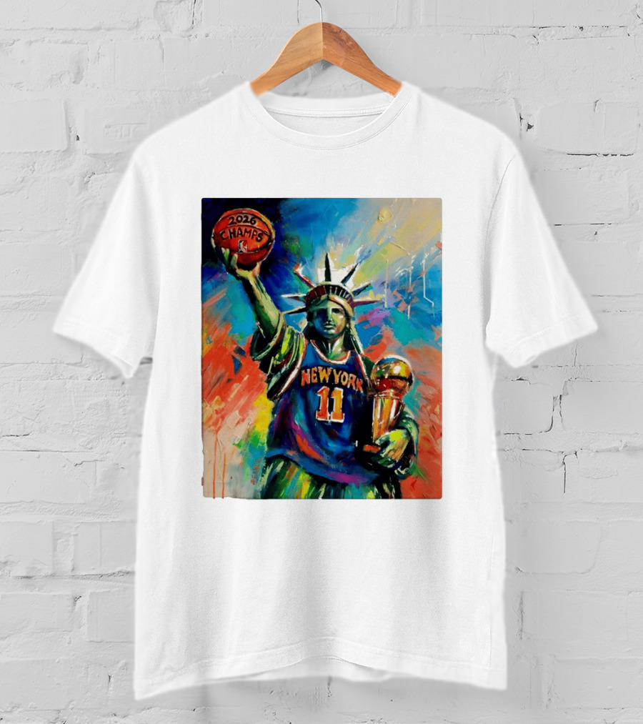 New York Knicks 11 Statue Of Liberty 2026 Champs Trophy Basketball T-Shirt