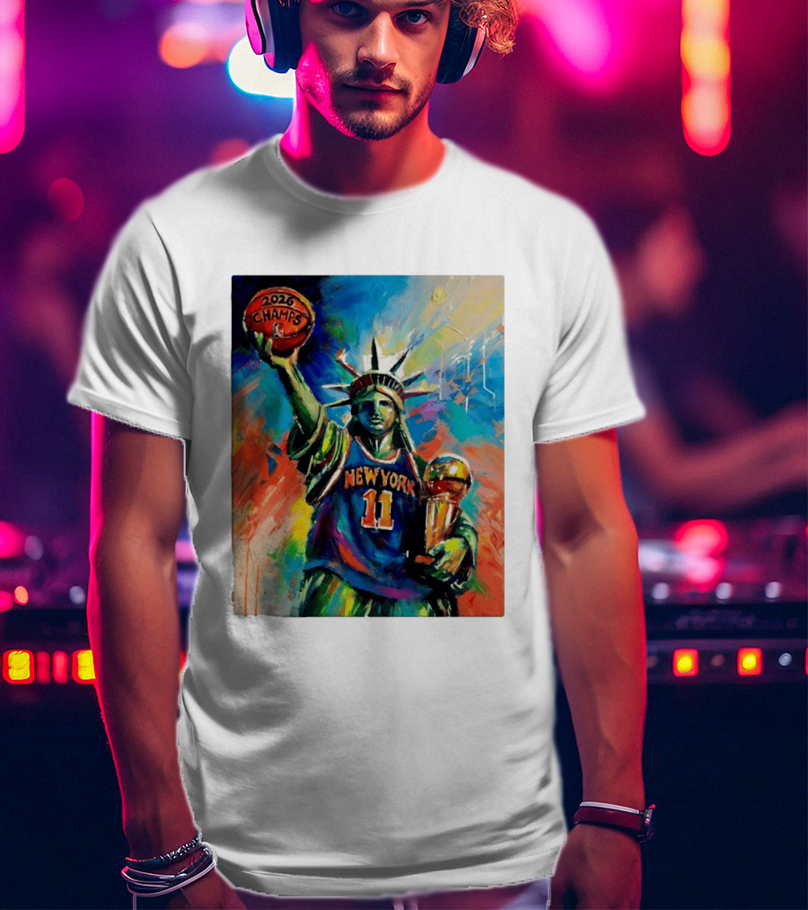 New York Knicks 11 Statue Of Liberty 2026 Champs Trophy Basketball T-Shirt