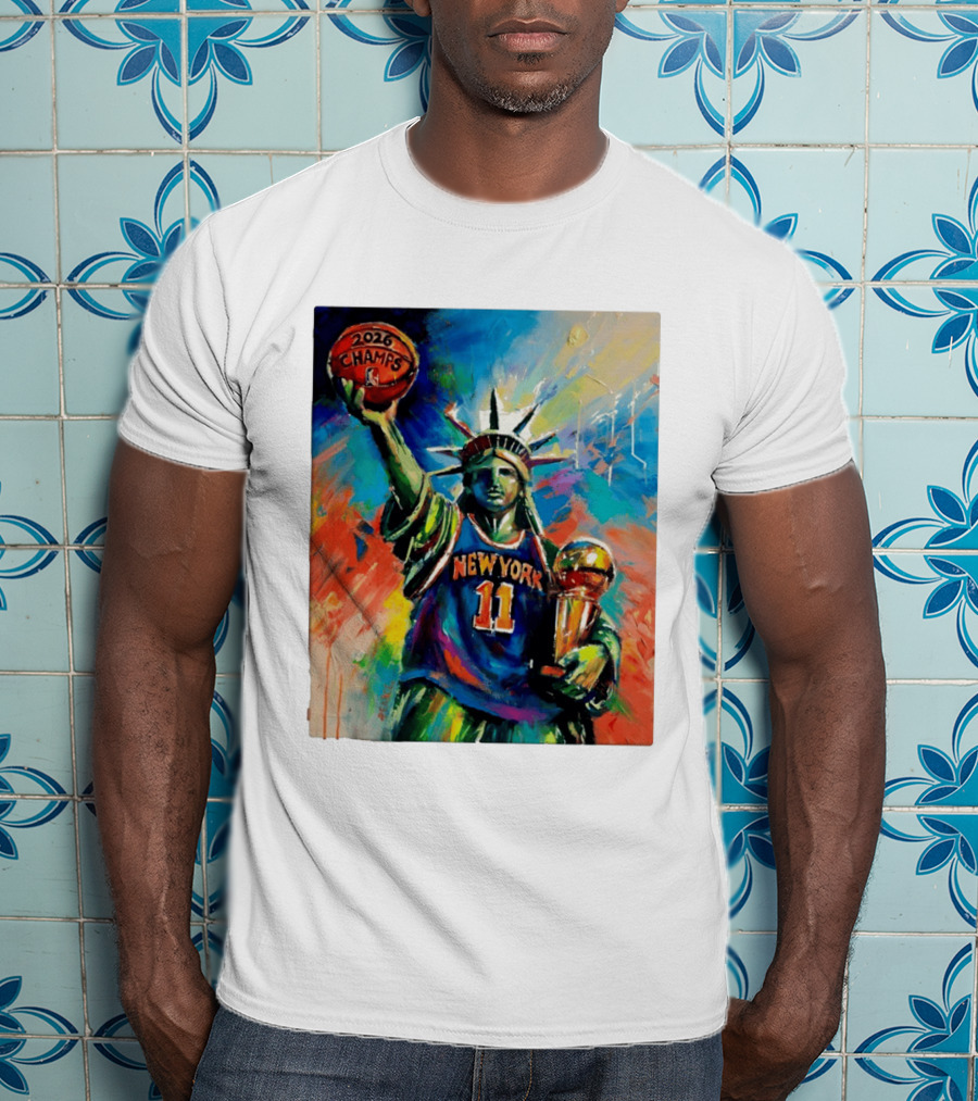 New York Knicks 11 Statue Of Liberty 2026 Champs Trophy Basketball T-Shirt