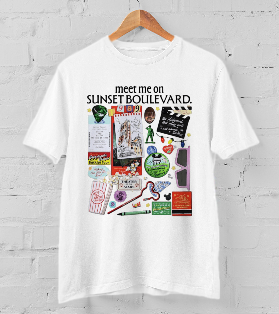 Meet Me On Sunset Boulevard Hollywood Tower Of Terror Theater Of The Stars Pizza Rizzo 3D Glasses Collage T-Shirt