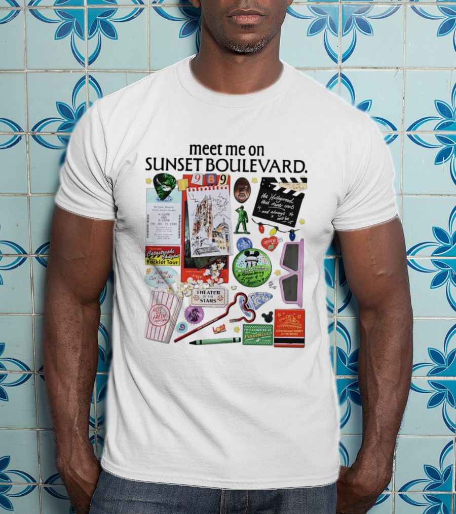 Meet Me On Sunset Boulevard Hollywood Tower Of Terror Theater Of The Stars Pizza Rizzo 3D Glasses Collage T-Shirt