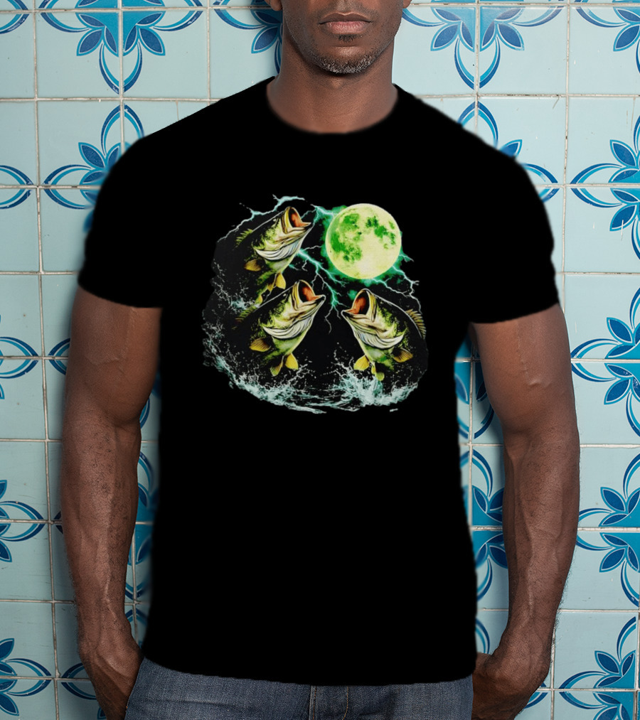 Bass Jumping Full Moon Night Wildlife Nature Scene T-Shirt
