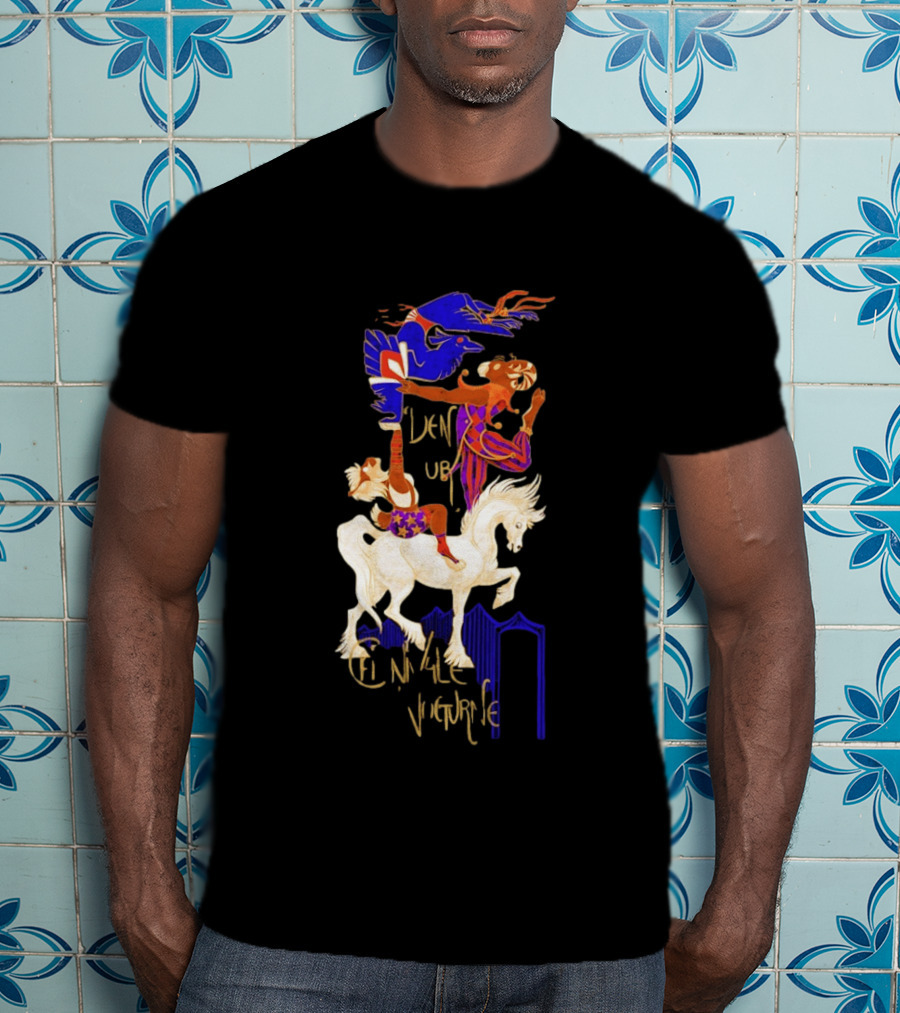 Cirque Style Acrobats On Horseback With Blue And Gold Accents T-Shirt