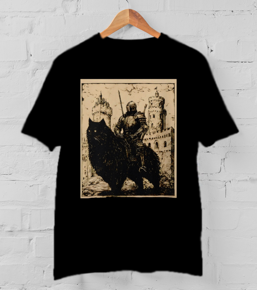 Knight Riding Giant Cat In Medieval Fantasy Castle Scene T-Shirt