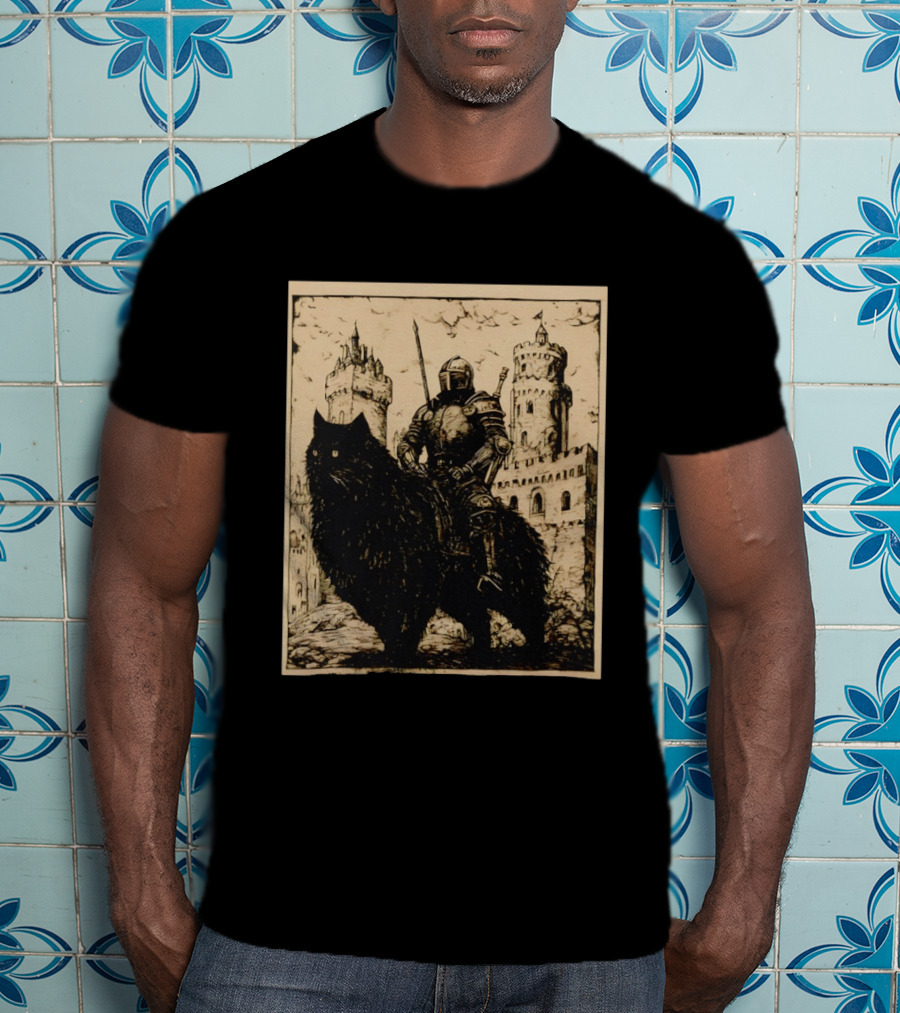 Knight Riding Giant Cat In Medieval Fantasy Castle Scene T-Shirt