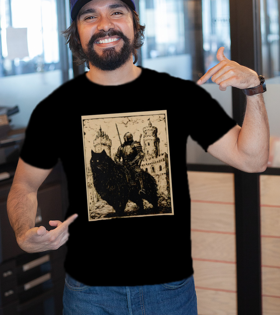 Knight Riding Giant Cat In Medieval Fantasy Castle Scene T-Shirt