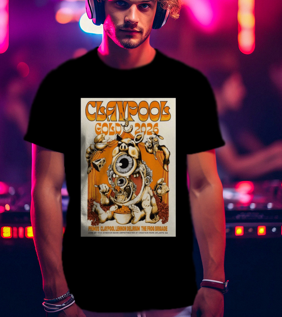 Claypool Gold 2026 Primus Lennon Delirium The Frog Brigade Atlanta June 20 Synovus Bank Amphitheater T-Shirt
