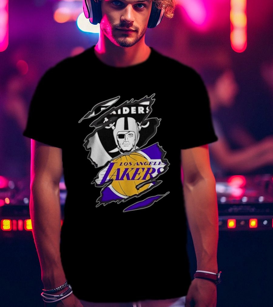Las Vegas Raiders Los Angeles Lakers Two Teams One Heart Scratch T-Shirt