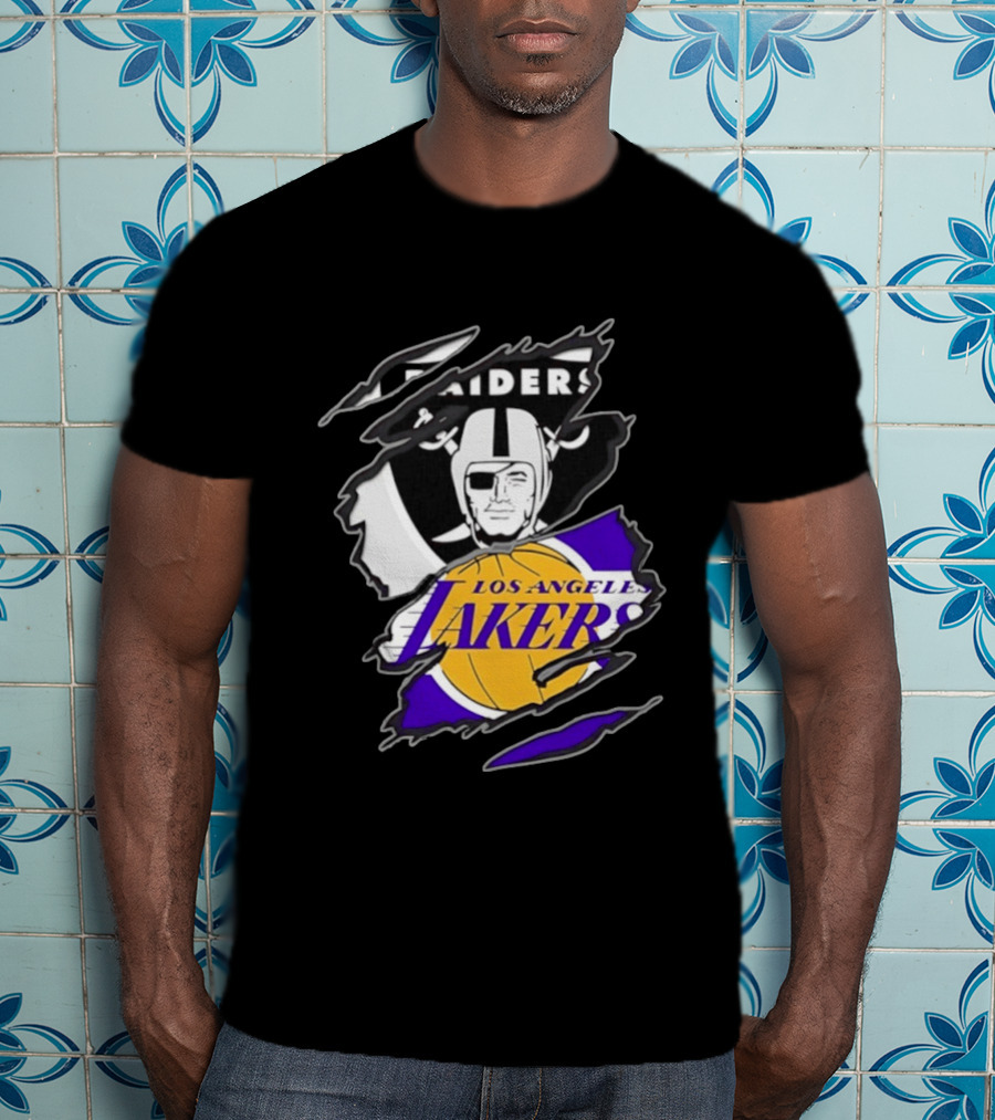 Las Vegas Raiders Los Angeles Lakers Two Teams One Heart Scratch T-Shirt