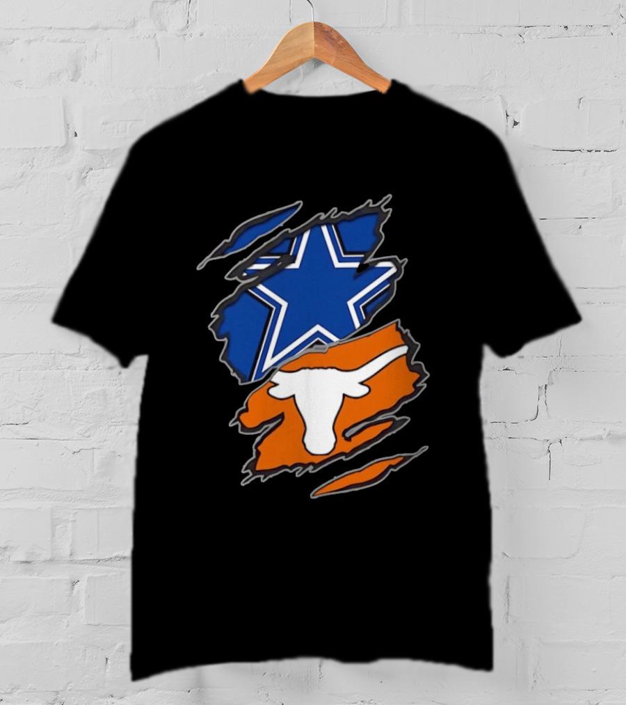 Dallas Cowboys Texas Longhorns Two Teams One Heart Scratch Torn Star Helmet T-Shirt