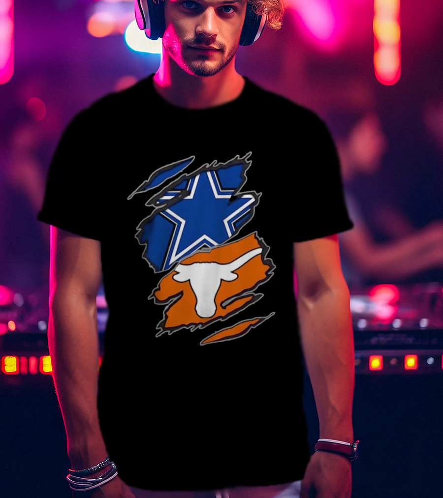 Dallas Cowboys Texas Longhorns Two Teams One Heart Scratch Torn Star Helmet T-Shirt