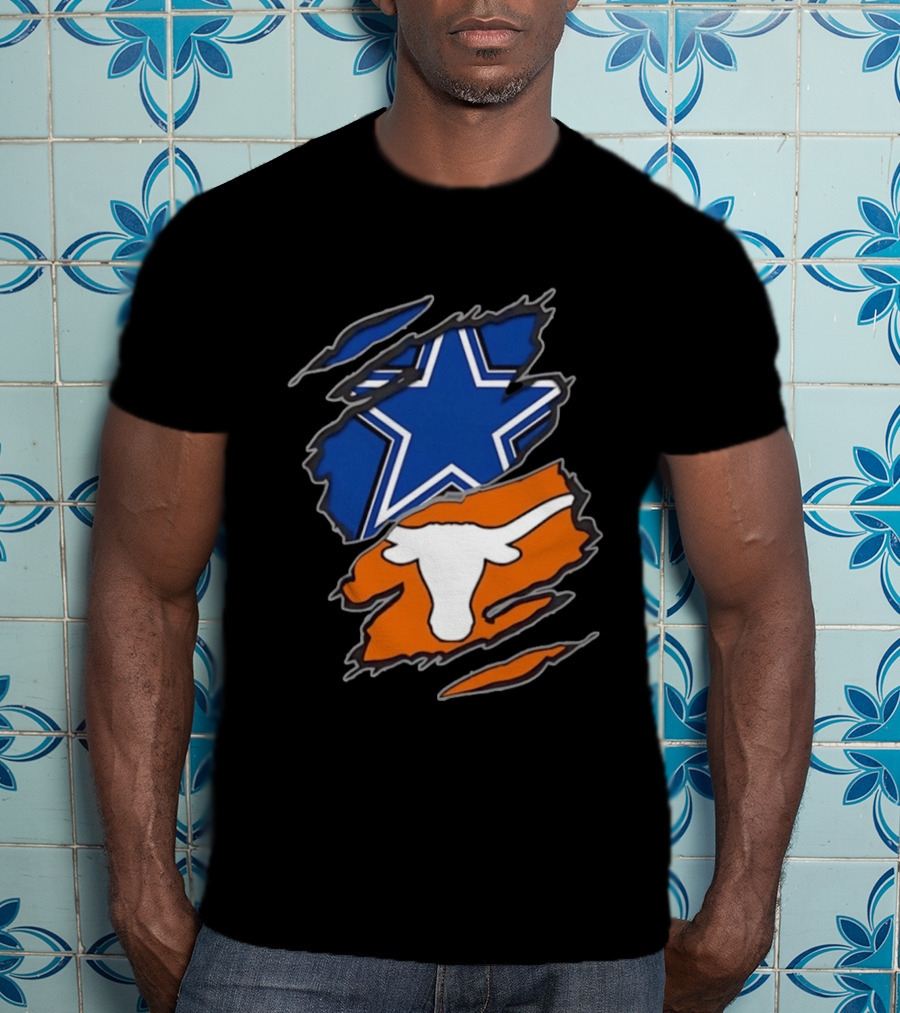 Dallas Cowboys Texas Longhorns Two Teams One Heart Scratch Torn Star Helmet T-Shirt