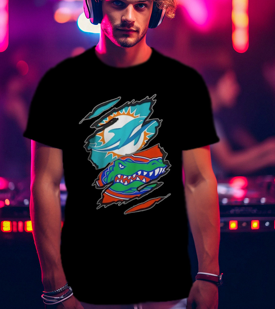 Miami Dolphins Florida Gators Two Teams One Heart Scratch T-Shirt
