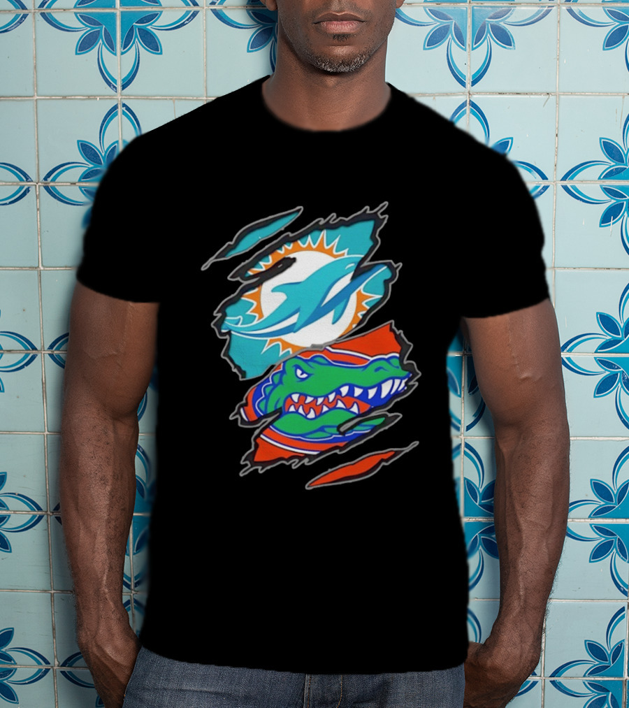 Miami Dolphins Florida Gators Two Teams One Heart Scratch T-Shirt