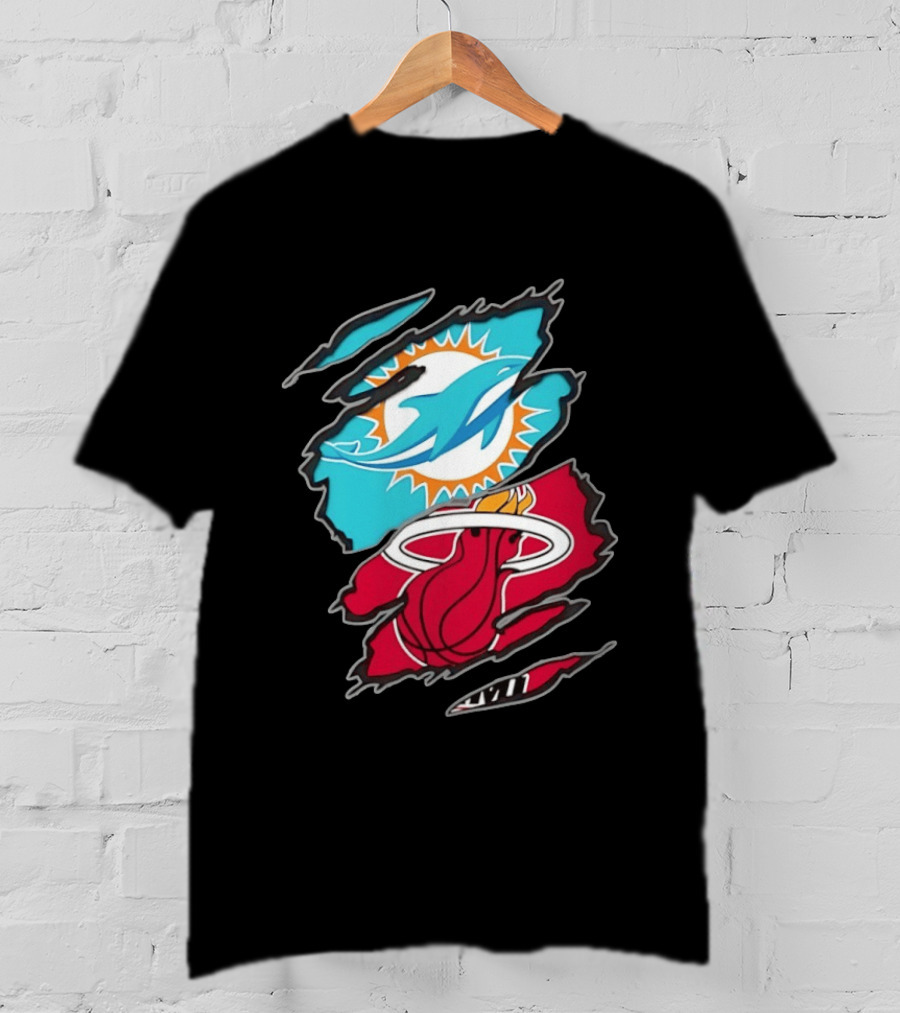 Miami Dolphins Miami Heat Two Teams One Heart Scratch T-Shirt
