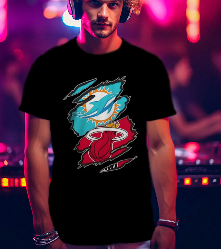 Miami Dolphins Miami Heat Two Teams One Heart Scratch T-Shirt