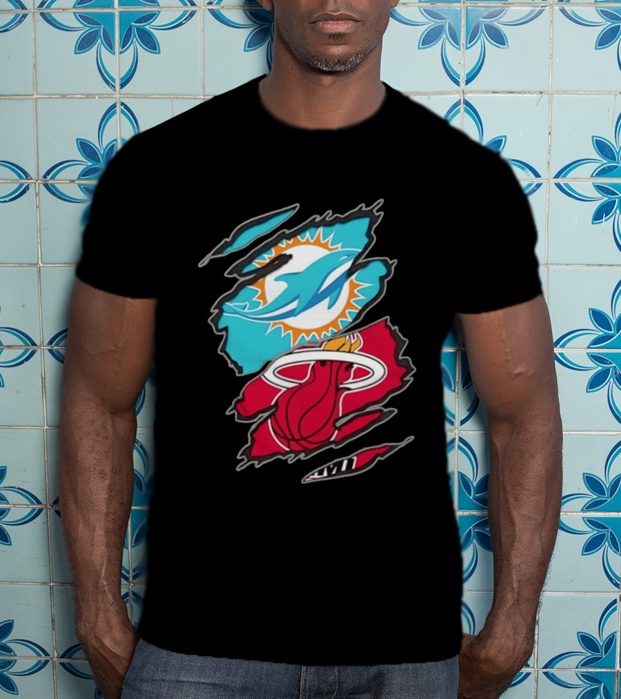 Miami Dolphins Miami Heat Two Teams One Heart Scratch T-Shirt