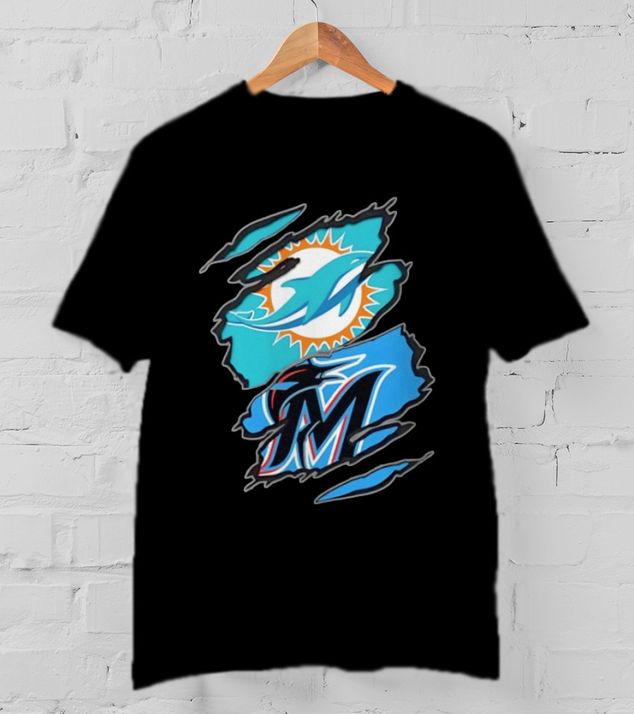 Miami Dolphins Miami Marlins Two Teams One Heart Scratch Marks T-Shirt