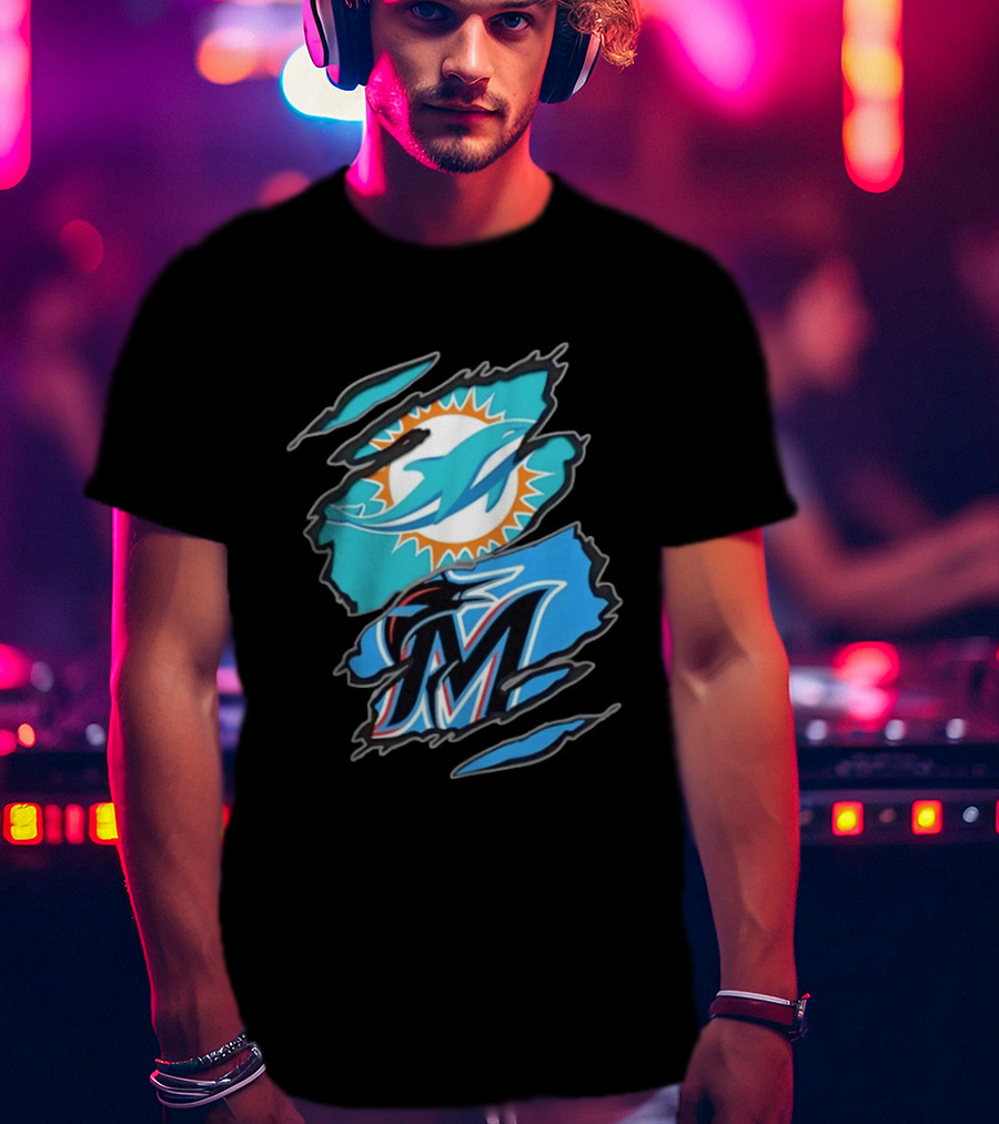 Miami Dolphins Miami Marlins Two Teams One Heart Scratch Marks T-Shirt