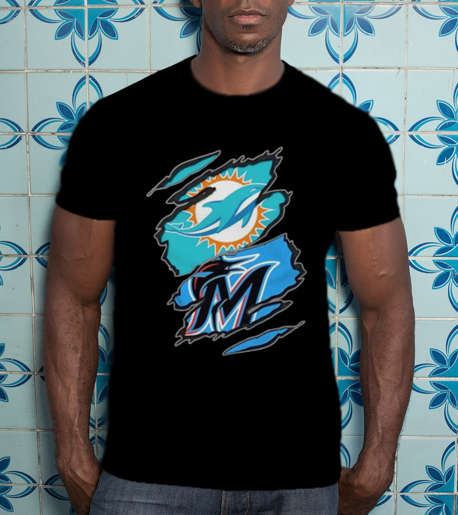 Miami Dolphins Miami Marlins Two Teams One Heart Scratch Marks T-Shirt