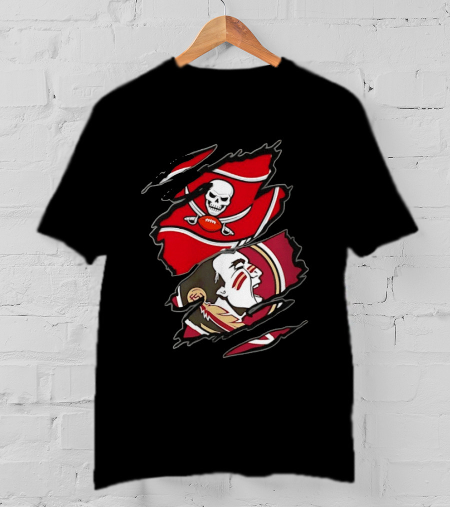 Tampa Bay Buccaneers And Florida State Seminoles Two Teams One Heart Scratch Skull Flag Warrior Face T-Shirt
