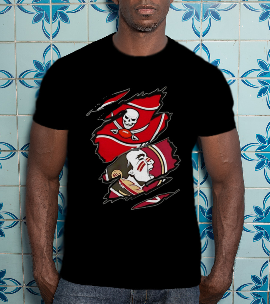 Tampa Bay Buccaneers And Florida State Seminoles Two Teams One Heart Scratch Skull Flag Warrior Face T-Shirt