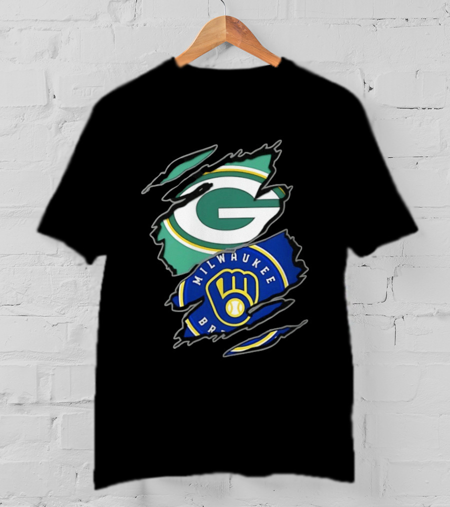Green Bay Packers Milwaukee Brewers Two Teams One Heart Scratch T-Shirt
