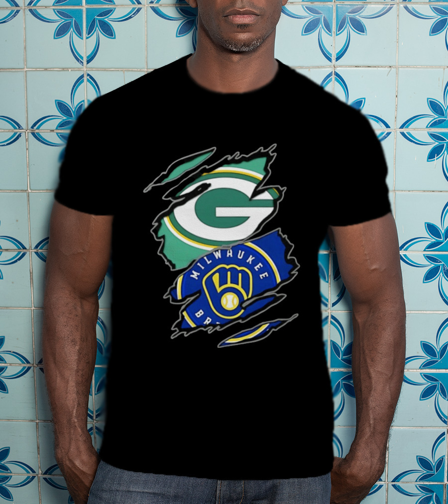 Green Bay Packers Milwaukee Brewers Two Teams One Heart Scratch T-Shirt
