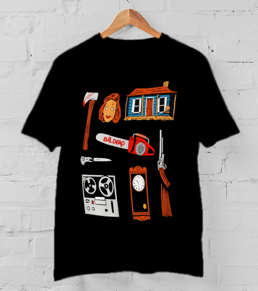 Evil Dead Horror Collage Chainsaw Cabin Axe Ash Williams T-Shirt