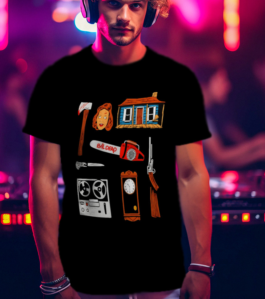 Evil Dead Horror Collage Chainsaw Cabin Axe Ash Williams T-Shirt