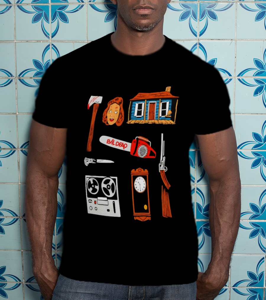 Evil Dead Horror Collage Chainsaw Cabin Axe Ash Williams T-Shirt