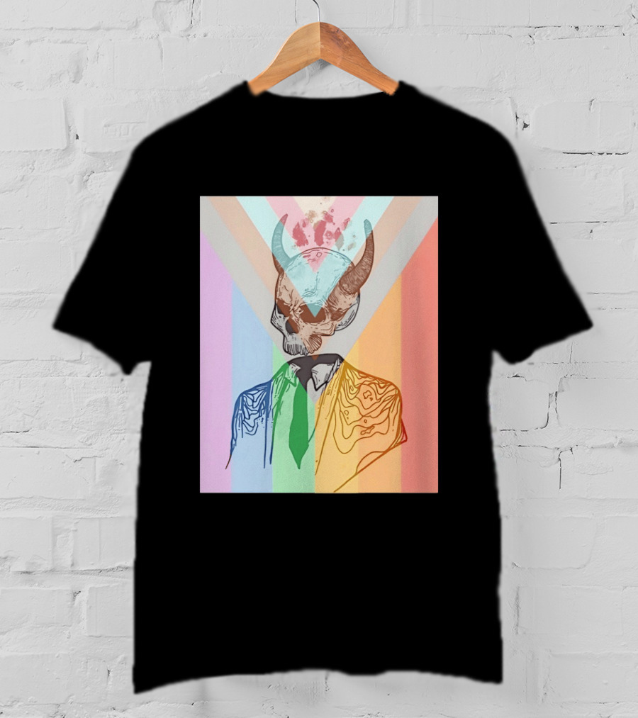 Horned Devil Skull Suit Pride Flag Surrealism Abstract Colorful T-Shirt