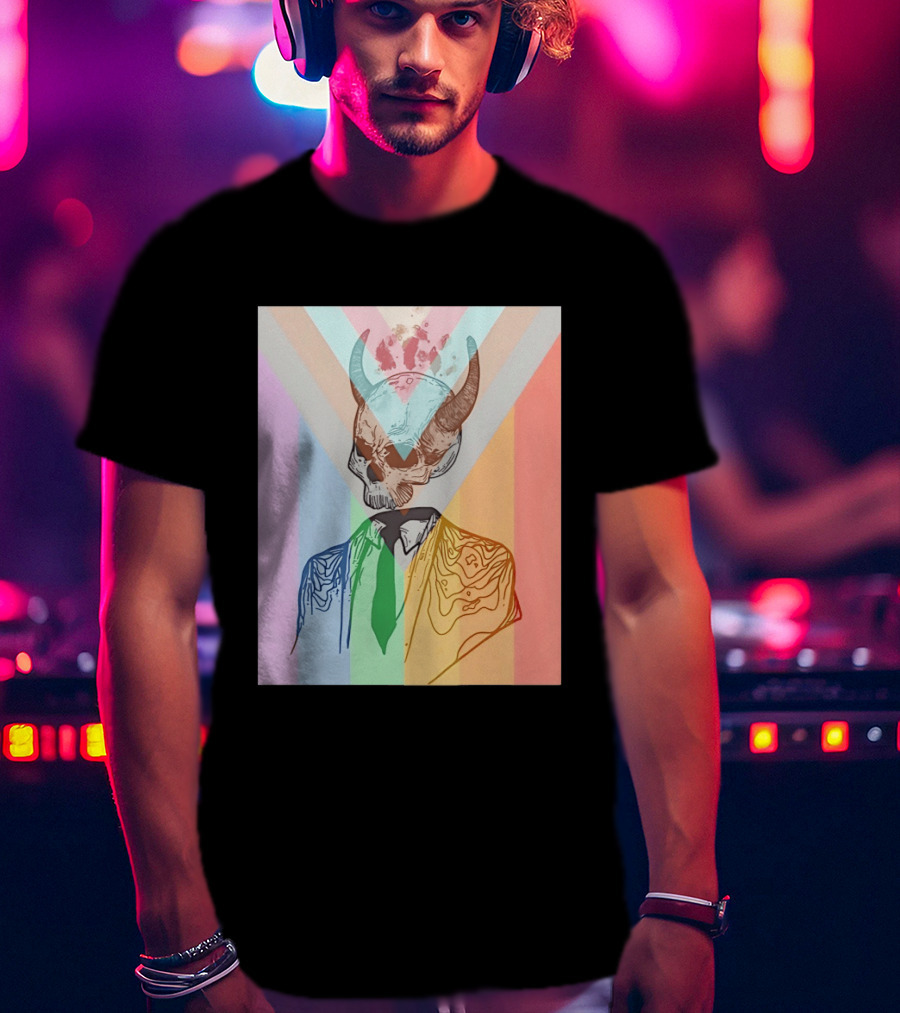 Horned Devil Skull Suit Pride Flag Surrealism Abstract Colorful T-Shirt