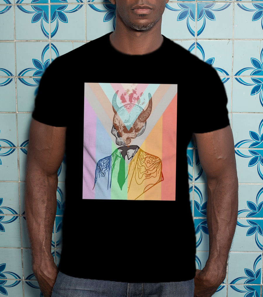 Horned Devil Skull Suit Pride Flag Surrealism Abstract Colorful T-Shirt
