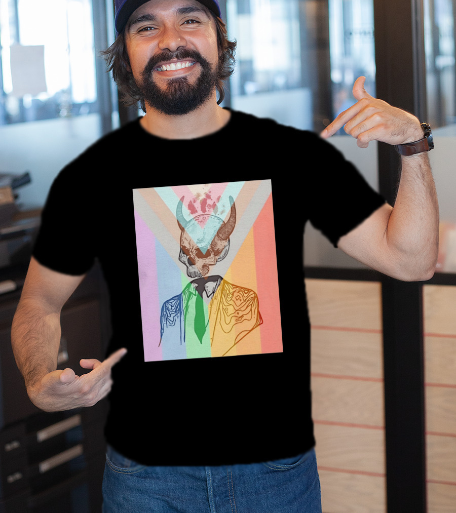 Horned Devil Skull Suit Pride Flag Surrealism Abstract Colorful T-Shirt