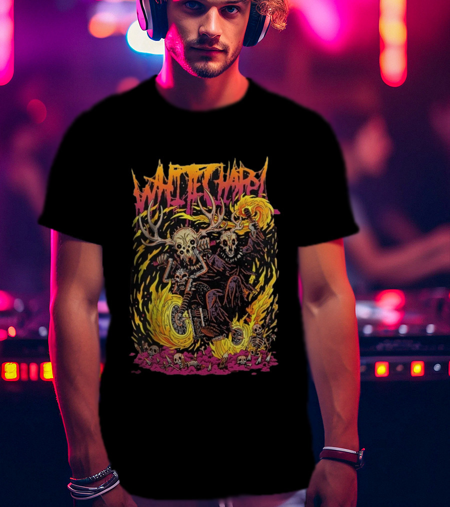 Whitechapel Bikers Skeleton Motorcycle Fire Scene T-Shirt