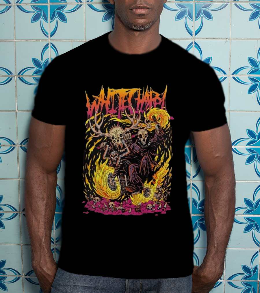 Whitechapel Bikers Skeleton Motorcycle Fire Scene T-Shirt