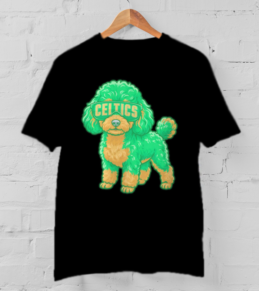 Boston Celtics Teacup Poodle Cartoon With Celtics Sunglasses T-Shirt